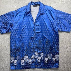ODO Y2K Oversized Blue tribal skull button down shirt size L